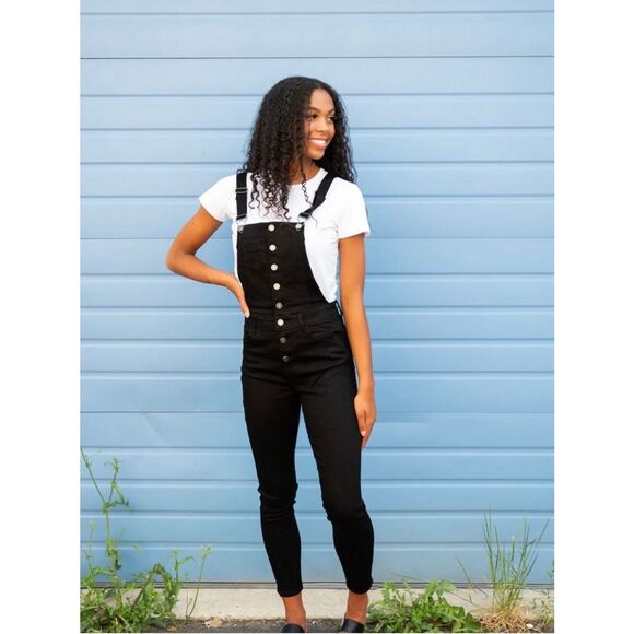 Kancan Skinny Button Front Overalls Denim Stretch 90s Black Women Small NWT - Picture 1 of 6